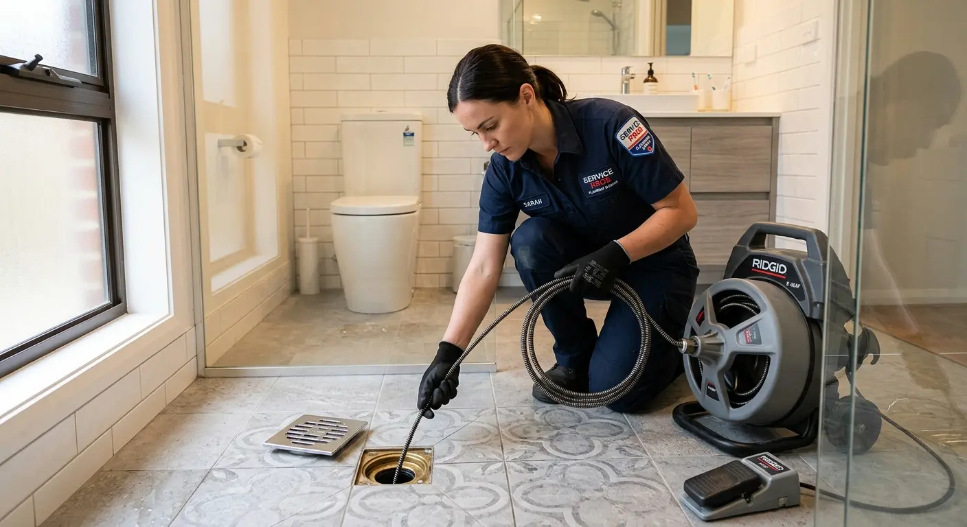 Technician clearing a bathroom floor drain for Drain Repair in Standish